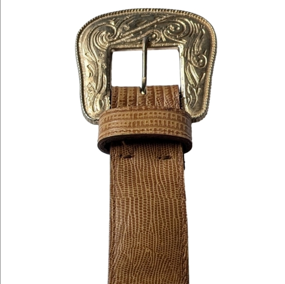 Vintage Accessories - Vintage western style bonded leather belt goldtone buckle sz S/M